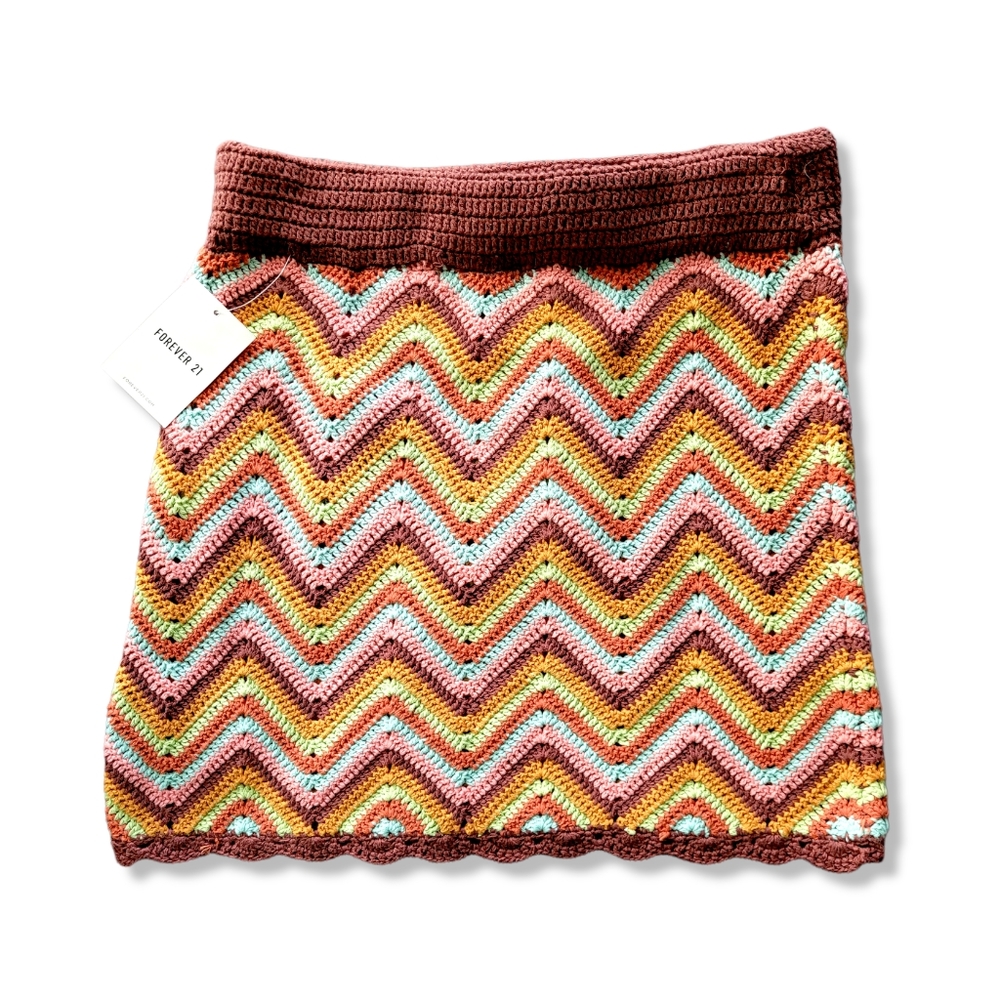 F21 Crochet Knit Cheveron Cottagecore Boho Mini Skirt, M - Picture 7 of 9